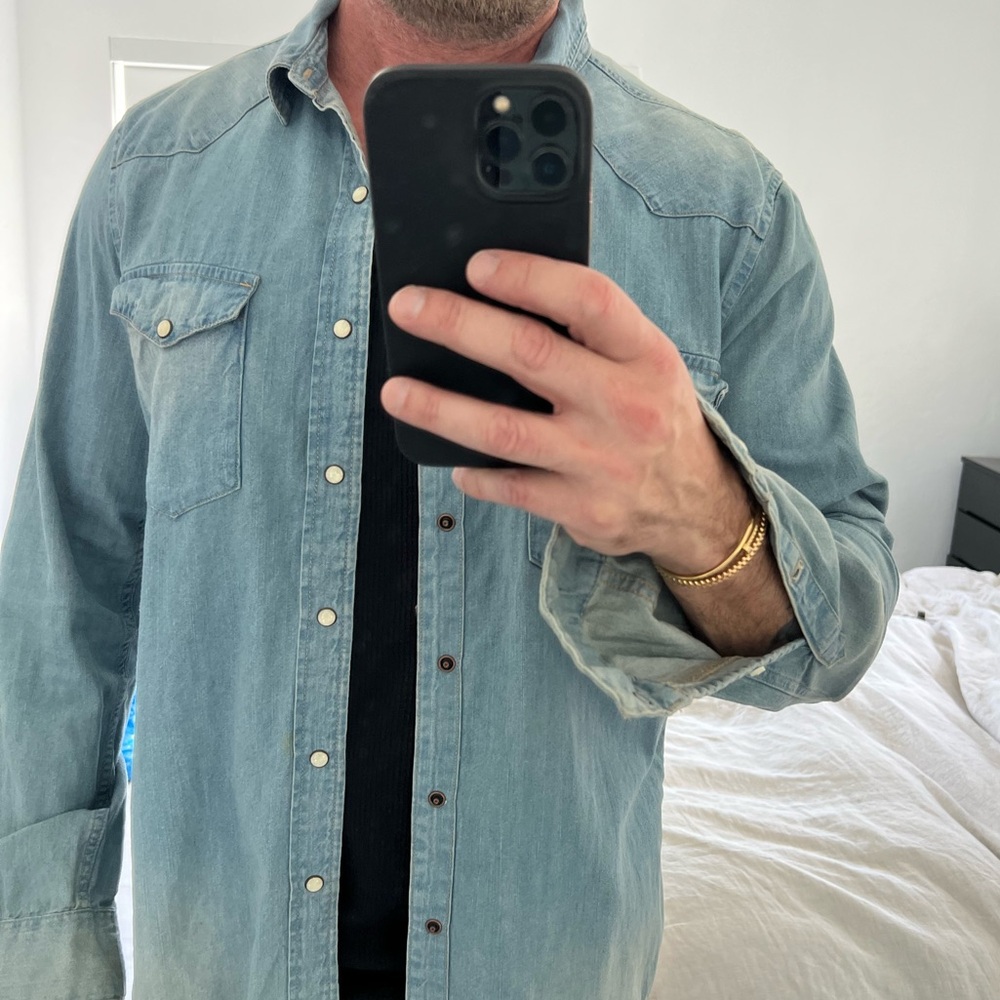 Light wash denim snap button shirt